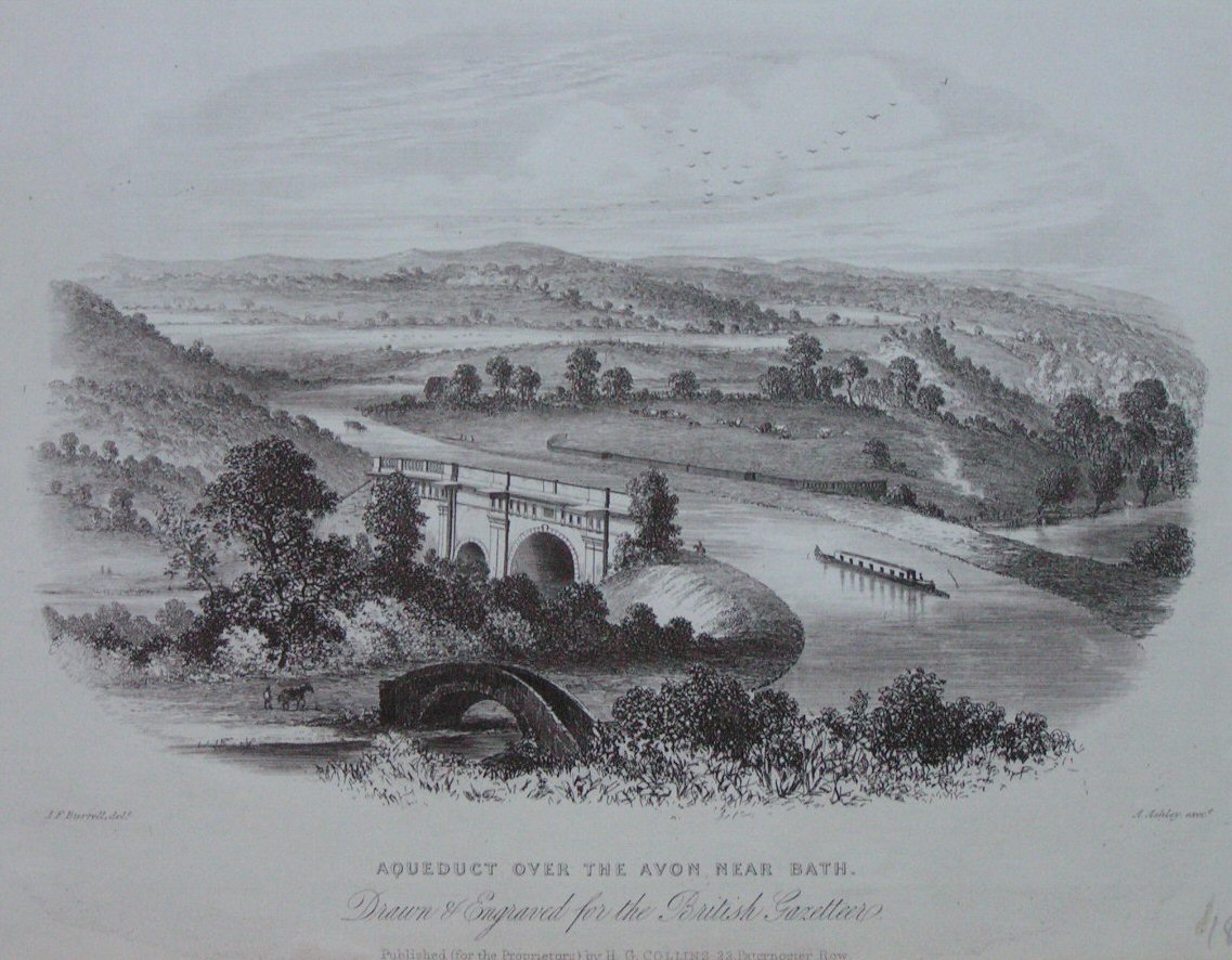 Steel Vignette - Aqueduct over the Avon near Bath. Drawn & Engraved for the British Gazetteer. - Ashley